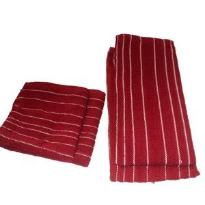 Set of 2 Kitchen Dish Tea Towels and 2 Dish Cloths Red with White Stripes NEW
